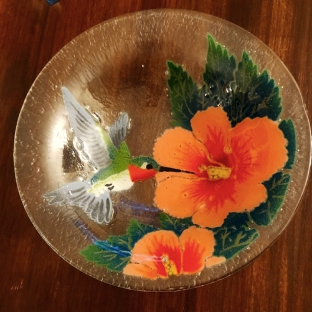 Hummingbird and Hibiscus Glass Plate